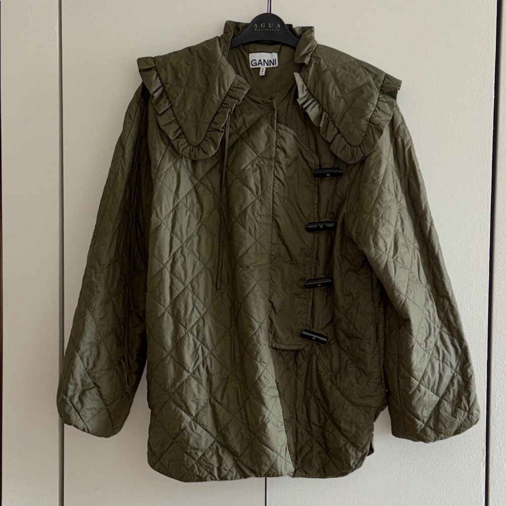 Ganni Olive Quilted Puffer Jacket with Ruffled Collar